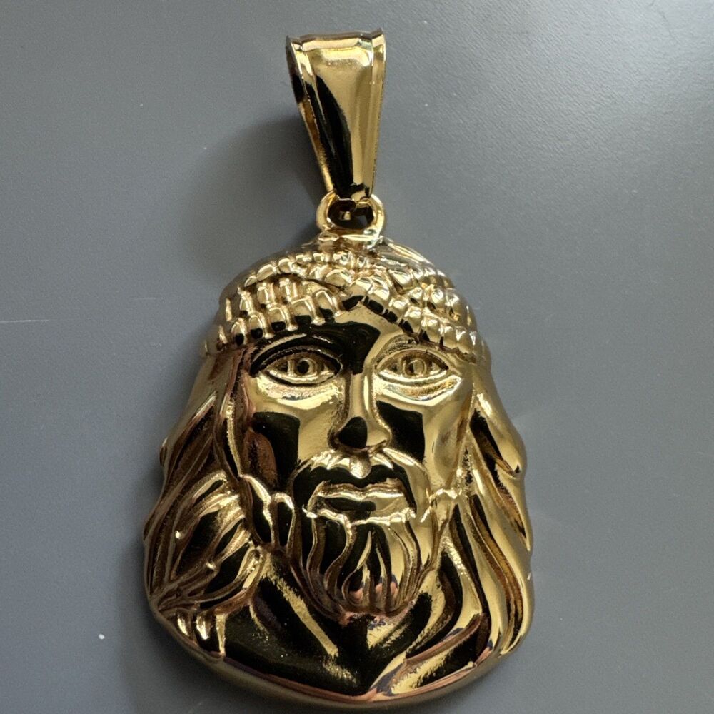 Gold-Tone Jesus Christ Head Pendant 24 Inch Chain Necklace Catholic Stainless